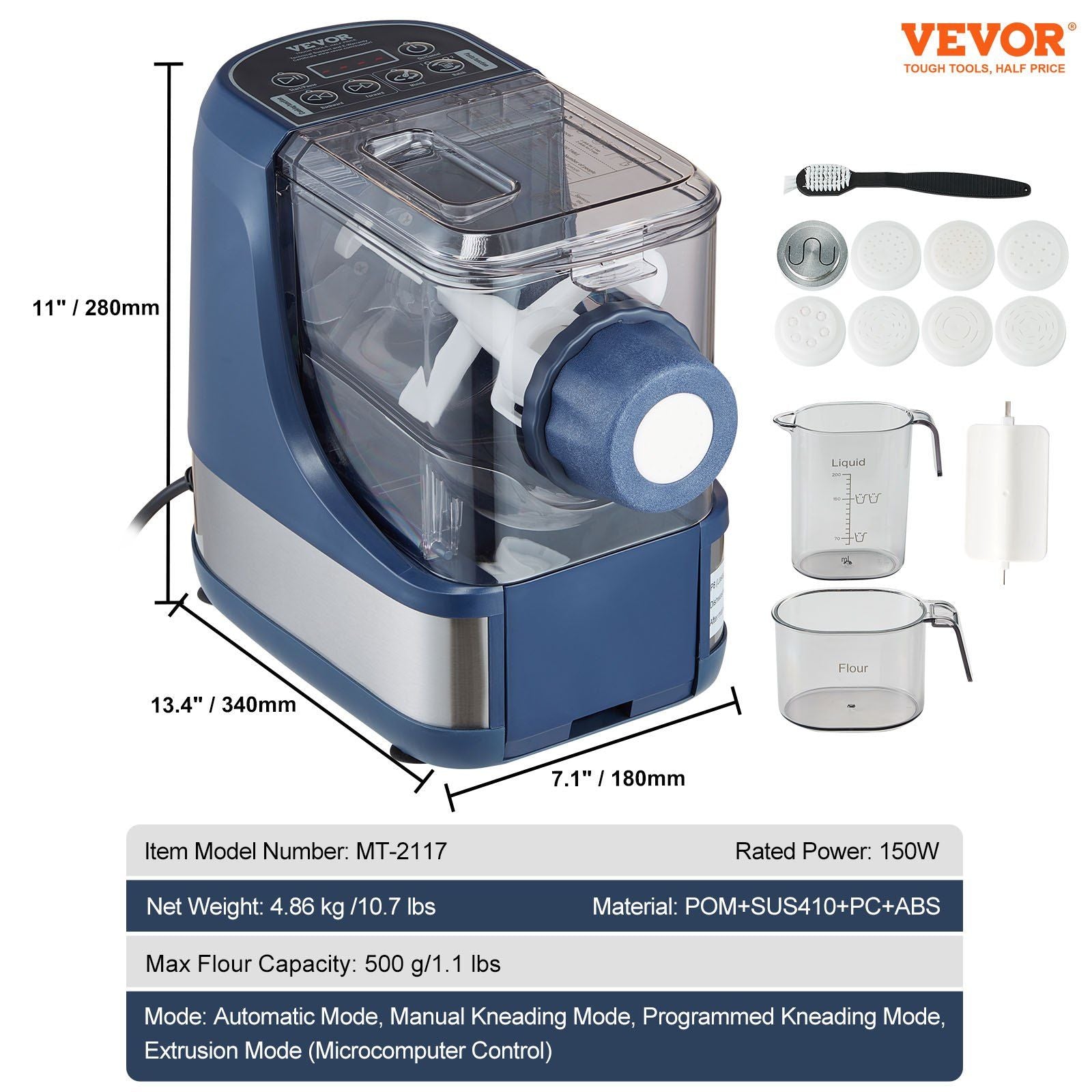 VEVOR Electric Pasta Maker, 150W Automatic Noodle Maker Machine with 8 Pasta Shapes, 4 Intelligent Modes, 500g Flour Capacity Pasta Maker Machine with Measuring Cups, Cleaning Brush for Home Kitchen - JM Variety Store